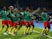 Cameroon's Stephane Bahoken celebrates scoring their second goal against Guinea-Bissau with teammates on June 25, 2019