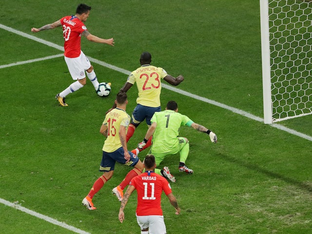Chile midfielder Charles Aranguiz has a goal disallowed during the Copa America quarter-final with Colombia on June 28, 2019