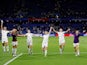 England's Steph Houghton and team mates celebrate after the match against Norway on June 27, 2019