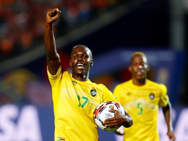 Zimbabwe's Knowledge Musona celebrates their first goal against Uganda on June 26, 2019