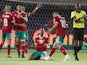 Morocco's Youssef En-Nesyri celebrates with team mates after the match on June 28, 2019