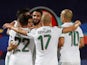Algeria's Riyad Mahrez celebrates scoring their second goal with teammates on July 7, 2019