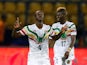 Mali's Amadou Haidara celebrates scoring their first goal against Angola with Mali's Falaye Sacko on July 2, 2019