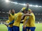 Brazil's Gabriel Jesus celebrates scoring their first goal against Argentina with teammates on July 3, 2019