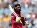 West Indies' Chris Gayle reacts after losing his wicket on July 4, 2019