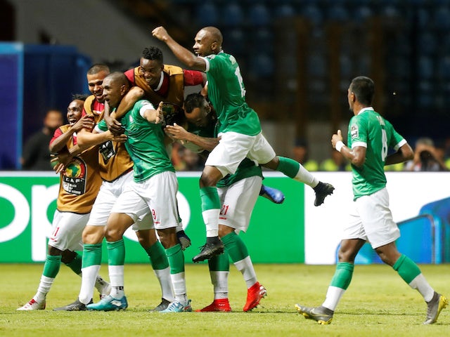 Madagascar's Faneva Andriatsima celebrates her second goal with teammates on July 7, 2019