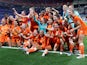 Players of the Netherlands Women celebrate winning the match against Sweden on July 3, 2019