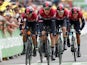 Team INEOS riders Egan Bernal of Colombia, Geraint Thomas of Britain, Dylan van Baarle of the Netherlands and Gianni Moscon of Italy finish on July 7, 2019