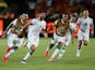 Algeria's Riyad Mahrez celebrates scoring their second goal against Nigeria with teammates on July 14, 2019