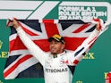Lewis Hamilton celebrates winning the British Grand Prix on July 14, 2019