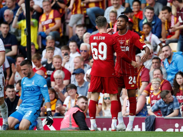 Liverpool's Rhian Brewster celebrates scoring their third goal against Bradford on July 14, 2019