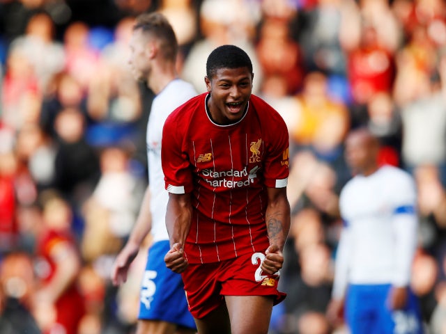 Rhian Brewster celebrates his first goal in Liverpool's pre-season friendly with Tranmere Rovers on July 11, 2019
