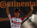 Lotto Soudal rider Caleb Ewan of Australia celebrates winning the stage on the podium on July 17, 2019