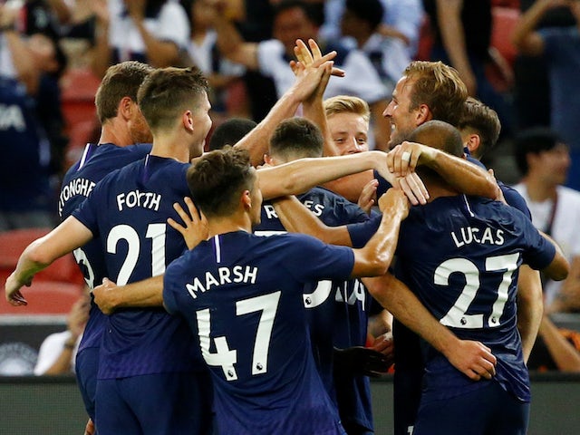 Tottenham's Harry Kane celebrates scoring their third goal against Juventus on July 21, 2019