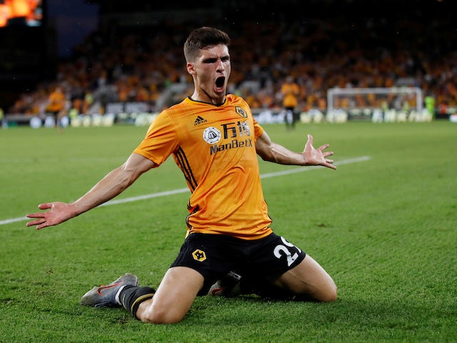 Ruben Vinagre celebrates scoring for Wolves in the Europa League on July 25, 2019