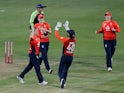 Katherine Brunt of England celebrates the wicket of Rachael Haynes of Australia on July 31, 2019