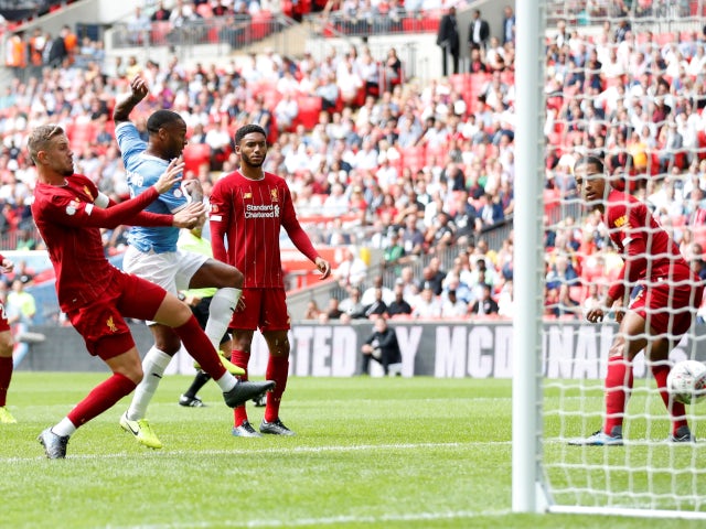 Raheem Sterling gives Manchester City the lead against Liverpool in the Community Shield on August 4, 2019.