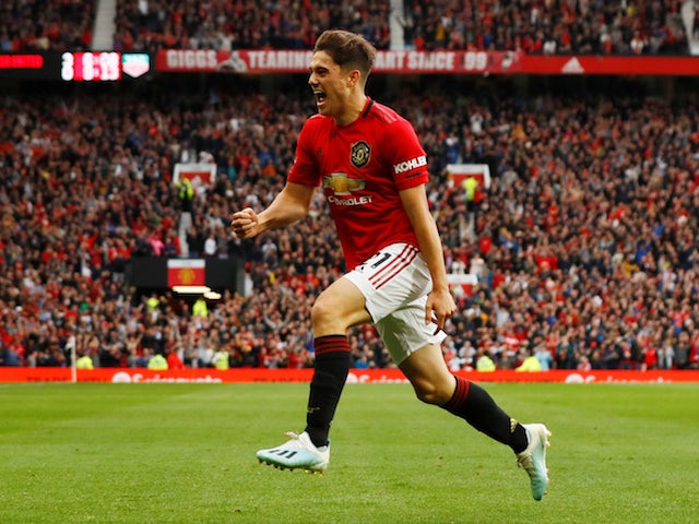 Manchester United's Daniel James celebrates scoring their fourth goal against Chelsea on August 11, 2019