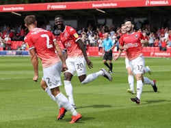Salford City's Emmanuel Dieseruvwe celebrates scoring their first goal on August 3, 2019