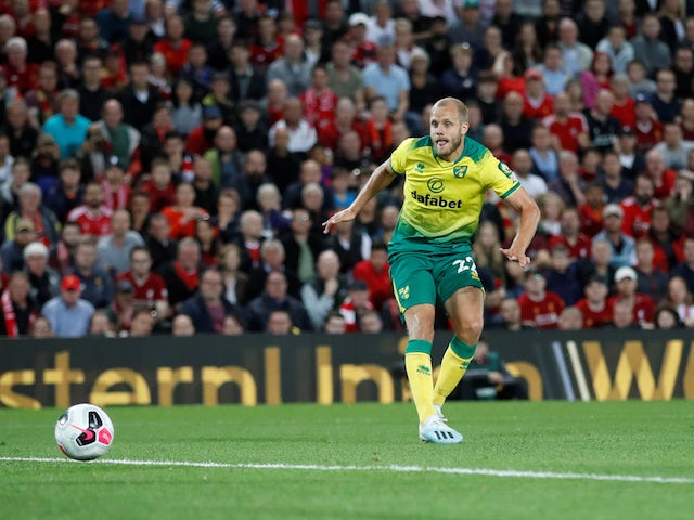 Norwich City striker Teemu Pukki scores against Liverpool in the Premier League on August 9, 2019
