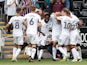 Swansea City's Mike Van Der Hoorn celebrates scoring their second goal with teammates on August 3, 2019