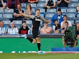 Derby County's Tom Lawrence celebrates scoring their second goal against Huddersfield on August 5, 2019