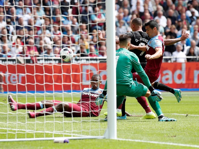 Gabriel Jesus scores for Manchester City against West Ham United in the Premier League on August 10, 2019.