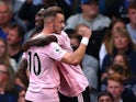 Leicester City's Wilfred Ndidi celebrates scoring their first goal with teammate James Maddison on August 18, 2019