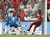 Liverpool forward Sadio Mane scores against Chelsea in the UEFA Super Cup on August 14, 2019