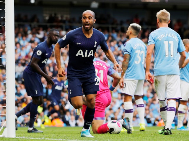 Lucas Moura celebrates scoring for Tottenham Hotspur against Manchester City in the Premier League on August 17. 2019.