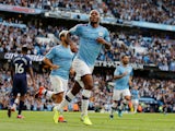 Raheem Sterling celebrates scoring for Manchester City against Tottenham Hotspur in the Premier League on August 17, 2019.