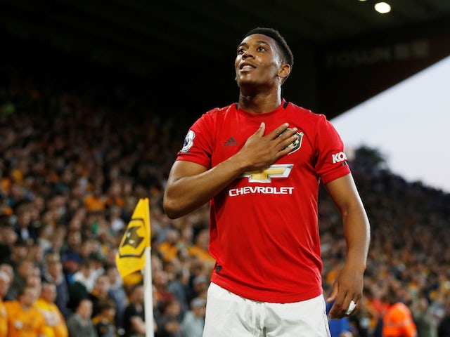 Manchester United's Anthony Martial celebrates scoring their first goal against Wolves on August 19, 2019