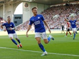 Leicester City's Harvey Barnes celebrates scoring their second goal on August 24, 2019