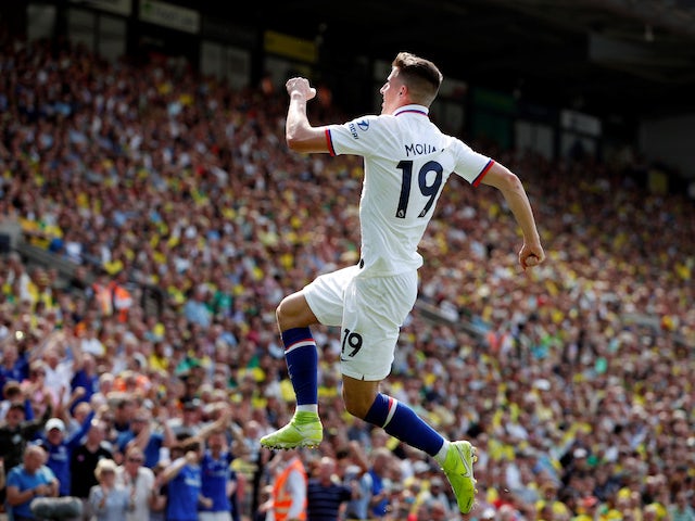 Mason Mount celebrates scoring during the Premier League game between Norwich City and Chelsea on August 24, 2019