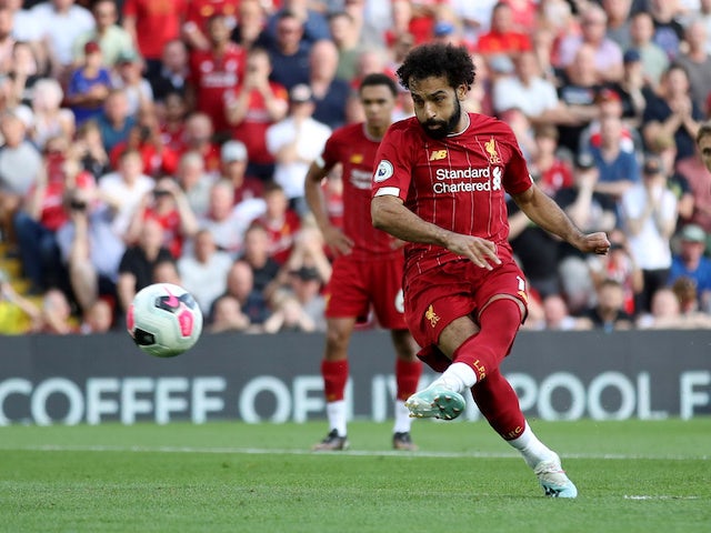 Mohamed Salah scores from the spot during the Premier League game between Liverpool and Arsenal on August 24, 2019