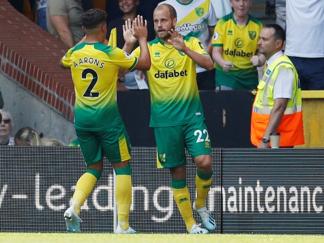 Teemu Pukki celebrates equalising during the Premier League game between Norwich City and Chelsea on August 24, 2019
