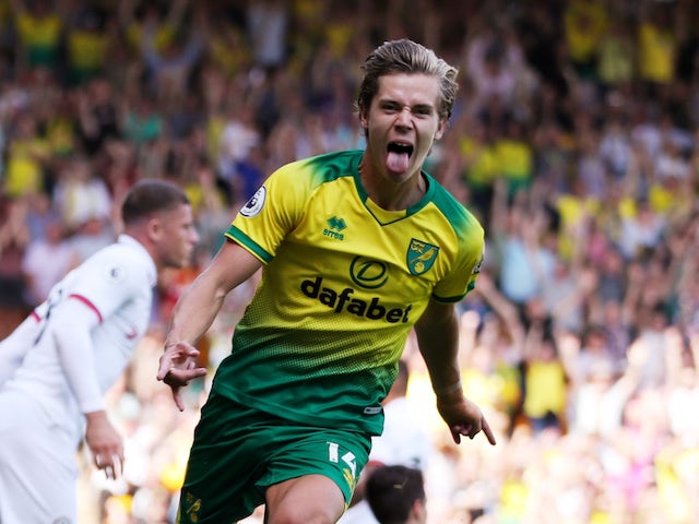 Todd Cantwell celebrates scoring during the Premier League game between Norwich City and Chelsea on August 24, 2019