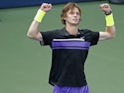 Andrey Rublev of Russia celebrates after his match against Stefanos Tsitsipas of Greece (not pictured) in the first round on day two of the 2019 U.S. Open tennis tournament at USTA Billie Jean King National Tennis Center on August 27, 2019