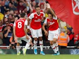 Arsenal's Pierre-Emerick Aubameyang celebrates scoring their second goal with Matteo Guendouzi and Dani Ceballos on September 1, 2019