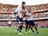 Tottenham Hotspur's Harry Kane celebrates scoring their second goal with teammates on September 1, 2019