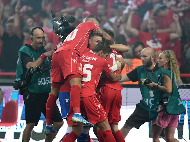 FC Union Berlin's Marius Bulter celebrates scoring their second goal with team mates on August 31, 2019