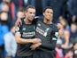 Trent Alexander-Arnold celebrates scoring with Jordan Henderson during the Premier League game between Burnley and Liverpool on August 31, 2019