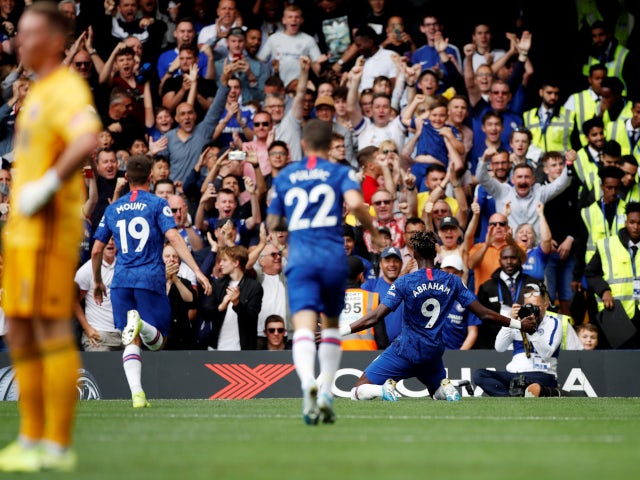 Tammy Abraham celebrates scoring for Chelsea against Sheffield United in the Premier League on August 31, 2019.