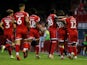 Crawley Town's Bez Lubala celebrates scoring their first goal with team mates on August 27, 2019