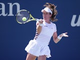 Johanna Konta of Great Britain returns a shot against Daria Kasatkina of Russia in a first round match on day one of the 2019 U.S. Open tennis tournament at USTA Billie Jean King on August 26, 2019