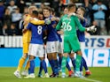 Leicester City players celebrate winning the shootout on August 28, 2019