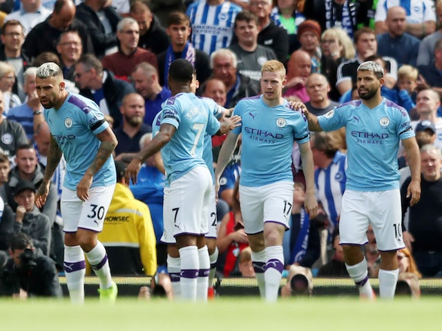 Manchester City's Kevin De Bruyne celebrates scoring their first goal with team mates on August 31, 2019
