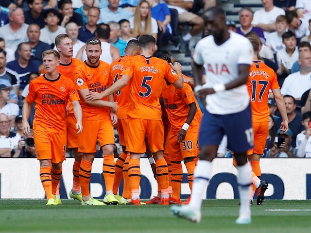 Newcastle United's Joelinton celebrates scoring their first goal with team mates on August 25, 2019