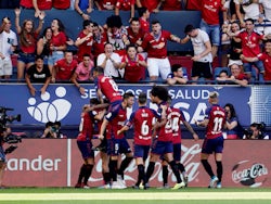 Osasuna players celebrate Roberto Torres's goal against Barcelona in La Liga on August 31, 2019