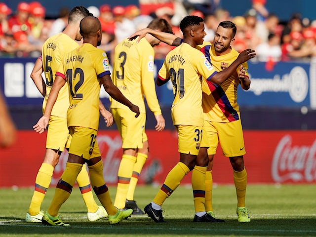 Barcelona players celebrate Ansu Fati's goal against Osasuna in La Liga on August 31, 2019